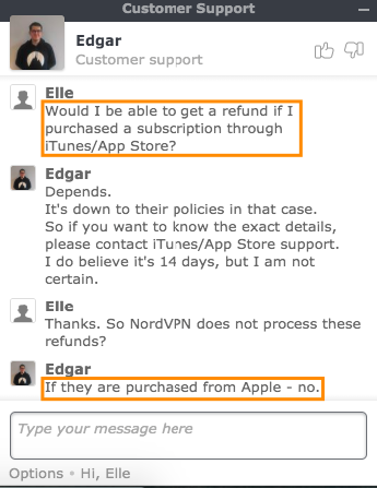 Graphic of NordVPN live chat showing that NordVPN cannot process refunds for subscriptions made through iTunes or the App Store