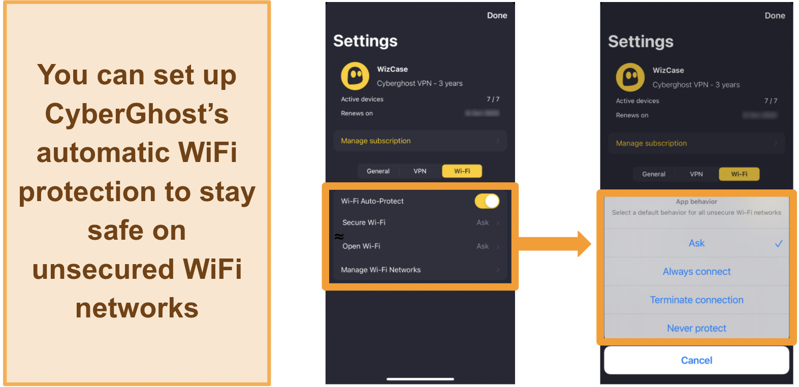 Screenshot of CyberGhost VPN's automatic WiFi protection feature on iPhone