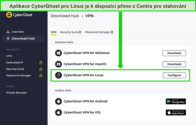 Snímek obrazovky CyberGhost Download Hub zobrazující možnost instalace aplikace pro Linux.