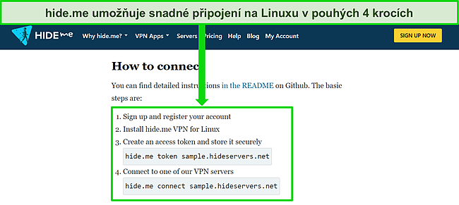 Snímek obrazovky webu hide.me s podrobnostmi o tom, jak se připojit k VPN pomocí Linuxu, se zvýrazněným základním podrobným průvodcem.