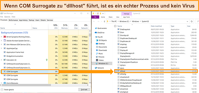 Screenshot von Windows Task Manager und System32-Dateien mit hervorgehobenem COM-Surrogate und dllhost, um zu zeigen, dass der Prozess kein Virus ist.