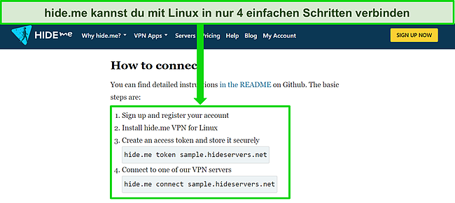 Screenshot der Website von hide.me, der detailliert zeigt, wie man sich mit Linux mit dem VPN verbindet, mit einer grundlegenden Schritt-für-Schritt-Anleitung, die hervorgehoben ist.
