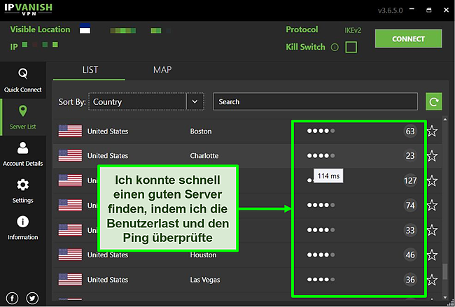 Screenshot der IPVanish-Serverdetails.