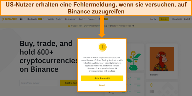 Screenshot der Binance-Fehlermeldung, die US-Benutzer zu Binance.US umleitet.