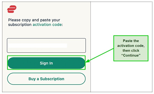 Screenshot of the screen where users can key in the activation code