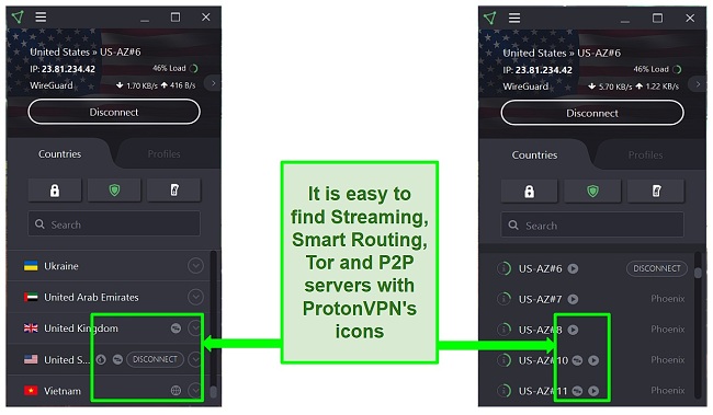 Screenshot showing the various icons that are displayed next to some ProtonVPN servers