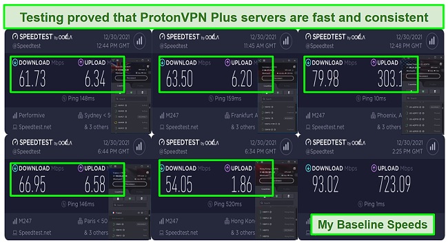 Screenshot of ProtonVPN plus plan speed test results