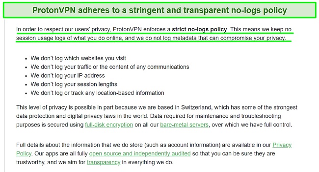 Screenshot of a privacy statement from Proton VPN on its logging practices