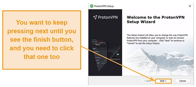 Screenshot of the installation process for ProtonVPN using the setup wizard