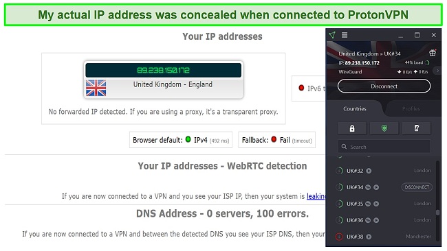 Screenshot of my IP leak test result with ProtonVPN connected
