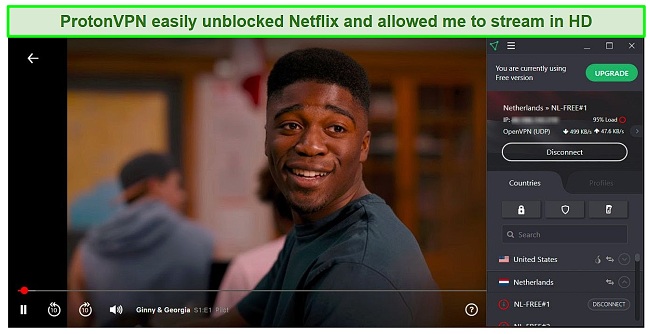 Screenshot of ProtonVPN unblocking Netflix
