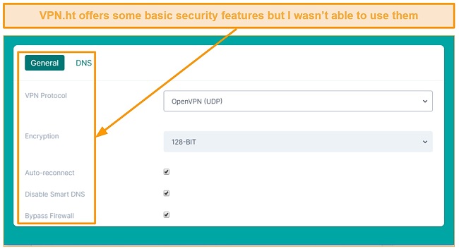 Screenshot of simple security features available on VPN ht's VPN client