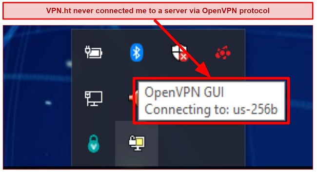 Screenshot of failed VPN ht server connection using OpenVPN protocol