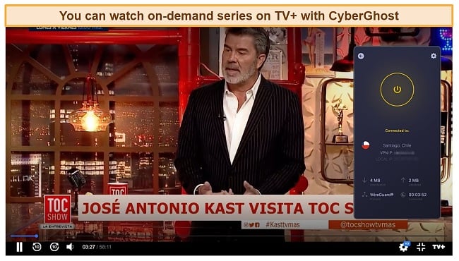 Screenshot of CyberGhost unblocking TV+ on-demand