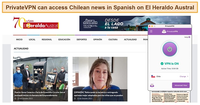 Screenshot of PrivateVPN unblocking El Heraldo Austral new site