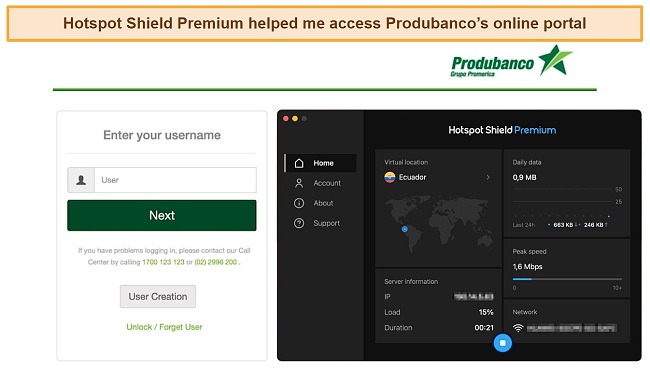 Screenshot of Hotspot Shield Premium unblocking Produbanco banking portal