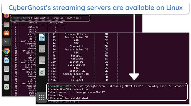 Screenshot of CyberGhost connected to a Netflix US streaming server on Linux.