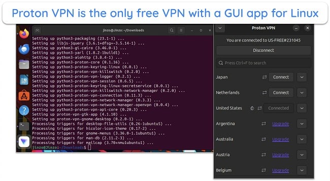 Screenshot of Proton VPN's Linux GUI app interface