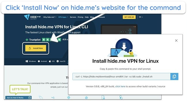 Screenshot of hide.me's installation command from its website