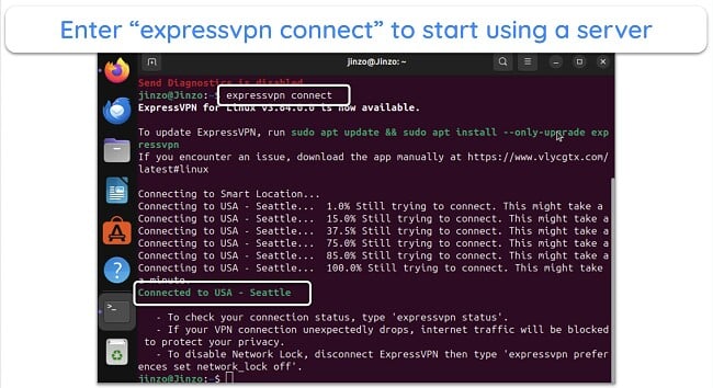 Screenshot of successful connection to an ExpressVPN server in the US on Linux
