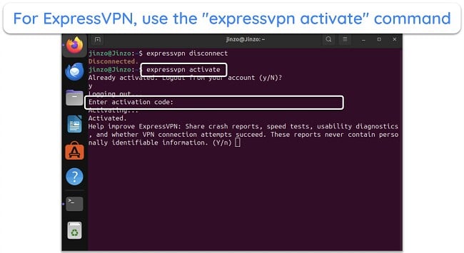 Screenshot of VPN activation command on Linux