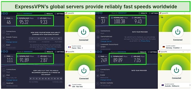 Screenshots of ExpressVPN connected to servers in France, Germany, the US, and Australia, accompanied by Ookla speed tests for these locations