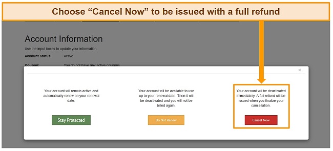 Screenshot of IPVanish website with cancelation pop-up, 