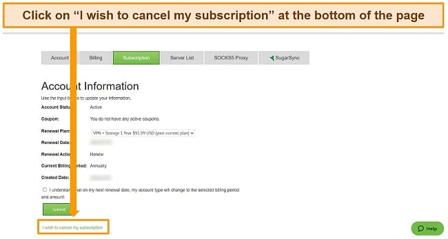 IPVanish cancel subscription screenshot