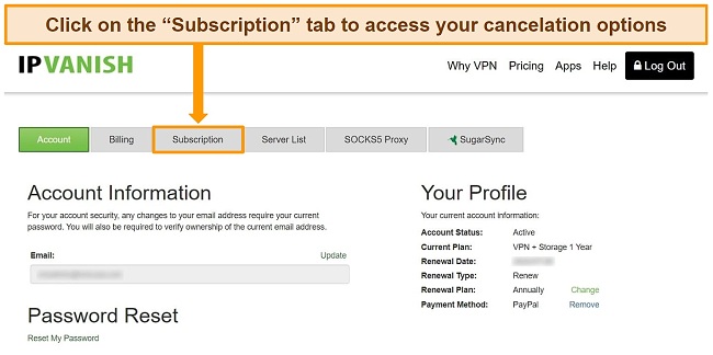 Screenshot of IPVanish dashboard with Subscription menu tab highlighted
