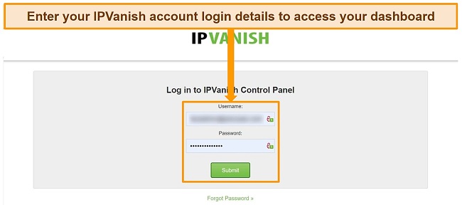 Screenshot of IPVanish log in page, highlighting the username and password input fields