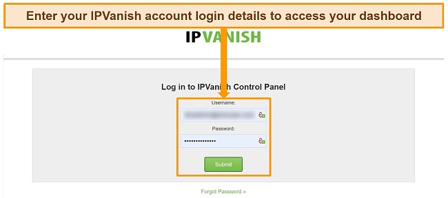 IPVanish login form screenshot