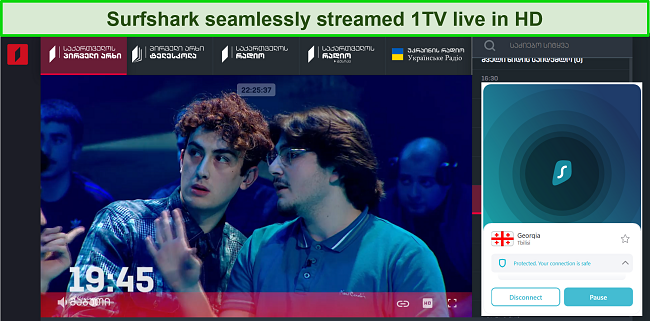 Screenshot of 1TV streaming live while connected to Surfshark's Georgian server