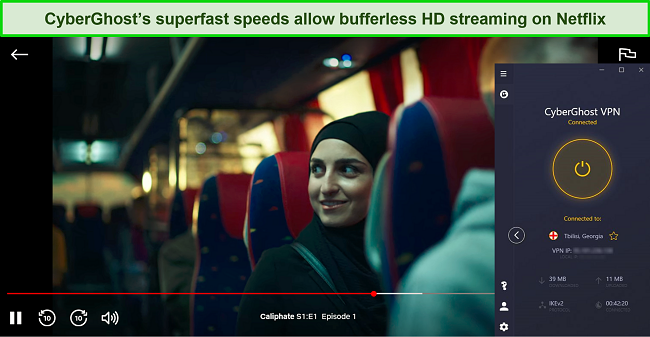 Screenshot of Caliphate playing on Netflix while connected to CyberGhost's Georgian server.
