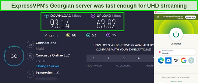Screenshot of ExpressVPN speed test results while connected to its Georgia server