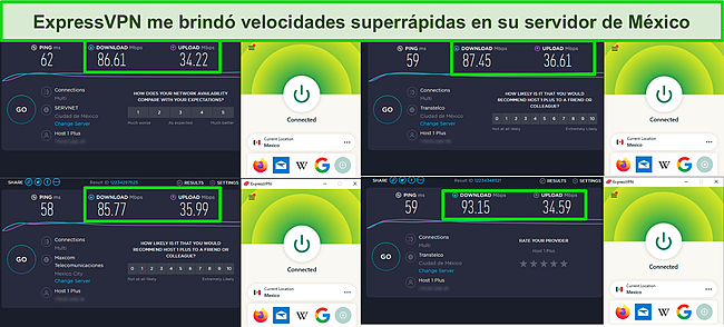 Captura de pantalla de 4 pruebas de velocidad de ExpressVPN en servidores en México.
