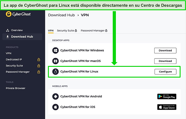 Captura de pantalla de CyberGhost Download Hub que muestra la opción de instalación de la aplicación Linux.