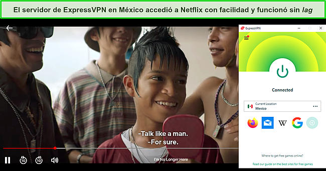 Captura de pantalla de Ya No Estoy Aquí reproduciéndose en Netflix mientras ExpressVPN está conectado a un servidor en México.