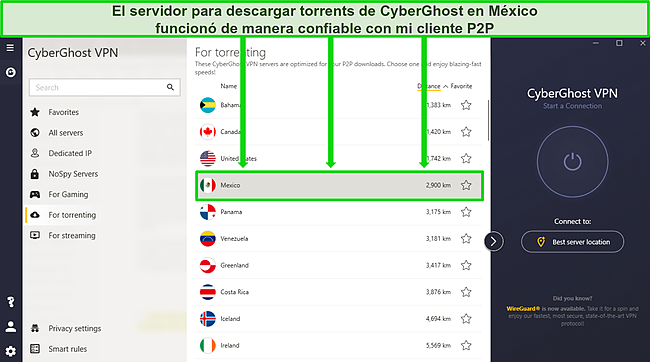 Captura de pantalla del menú del servidor de torrents de CyberGhost que muestra una opción en México.