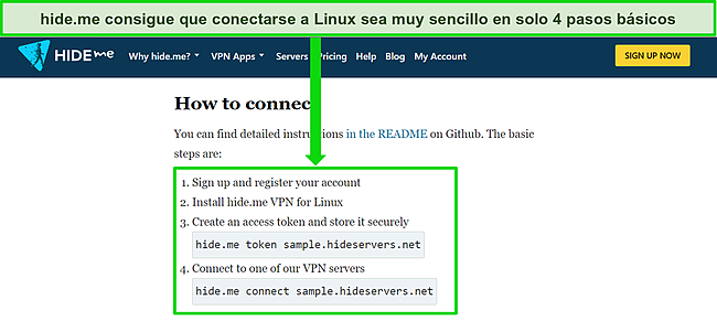 Captura de pantalla del sitio web de hide.me que detalla cómo conectarse a la VPN usando Linux con una guía básica paso a paso resaltada.
