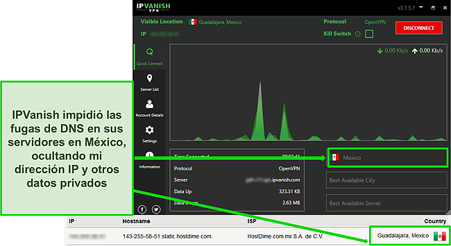 Captura de pantalla de una prueba de fuga de DNS aprobada mientras IPVanish está conectado a un servidor en México.