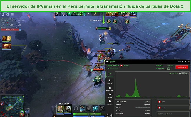 El servidor de IPVanish en el Perú permite la transmisión fluida de partidas de Dota 2.