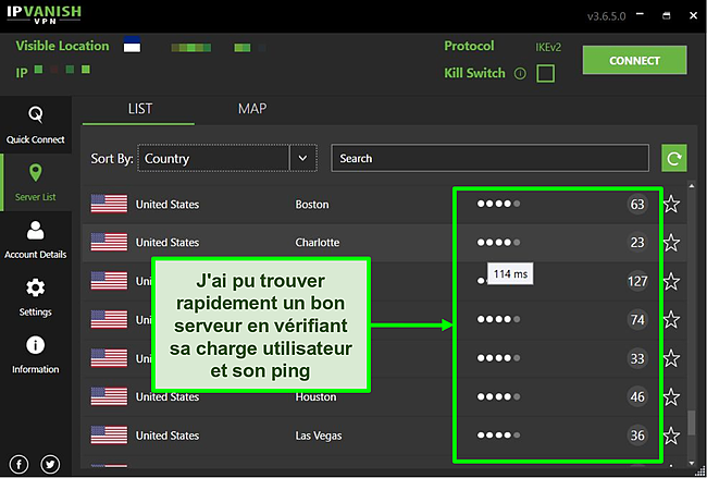 Capture d'écran des détails du serveur IPVanish.