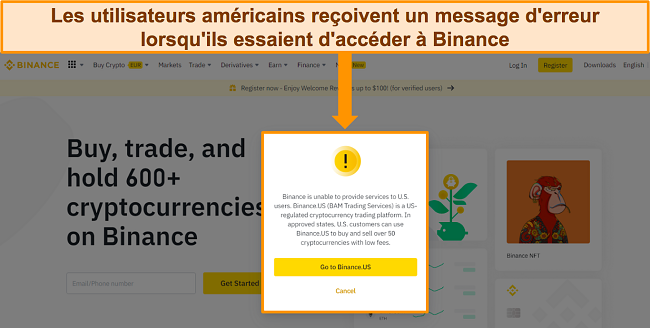 Capture d'écran du message d'erreur Binance redirigeant les utilisateurs américains vers Binance.US.