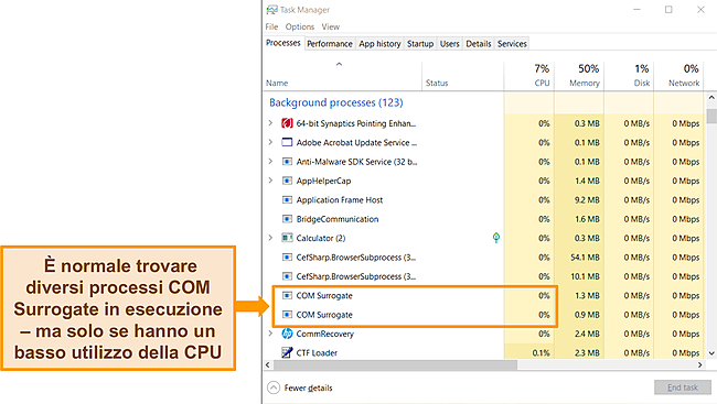 Screenshot del Task Manager di Windows con 2 processi COM Surrogate evidenziati.