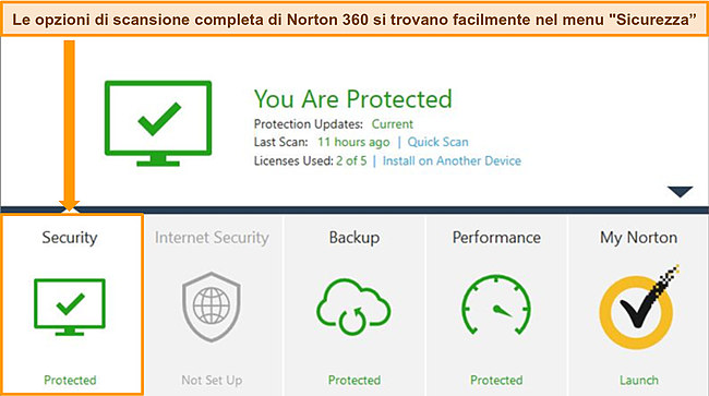 Screenshot dell'app Windows di Norton 360 con le opzioni di sicurezza evidenziate.