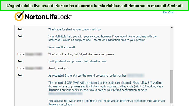 Screenshot dell'agente della chat dal vivo di Norton che elabora una richiesta di rimborso.