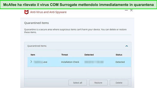 Screenshot che mostra McAfee che mette in quarantena il file malware