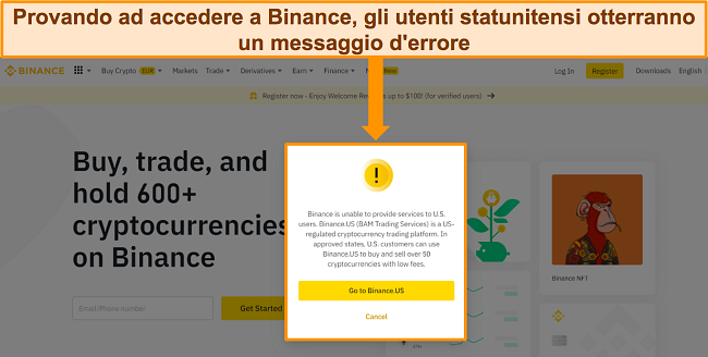 Screenshot del messaggio di errore di Binance che reindirizza gli utenti statunitensi a Binance.US.