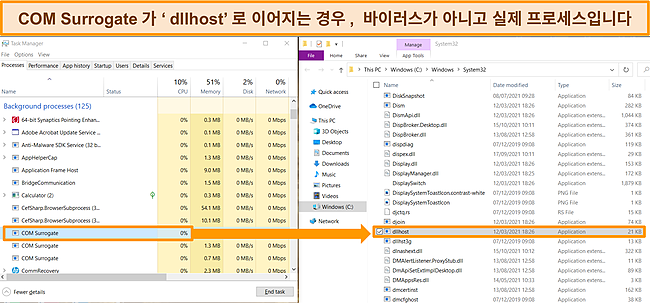 프로세스가 바이러스가 아님을 보여주기 위해 강조 표시된 COM Surrogate 및 dllhost가 있는 Windows 작업 관리자 및 System32 파일의 스크린샷.