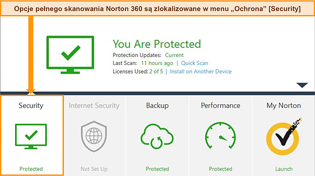 Zrzut ekranu aplikacji Norton 360 dla systemu Windows z podświetlonymi opcjami zabezpieczeń.